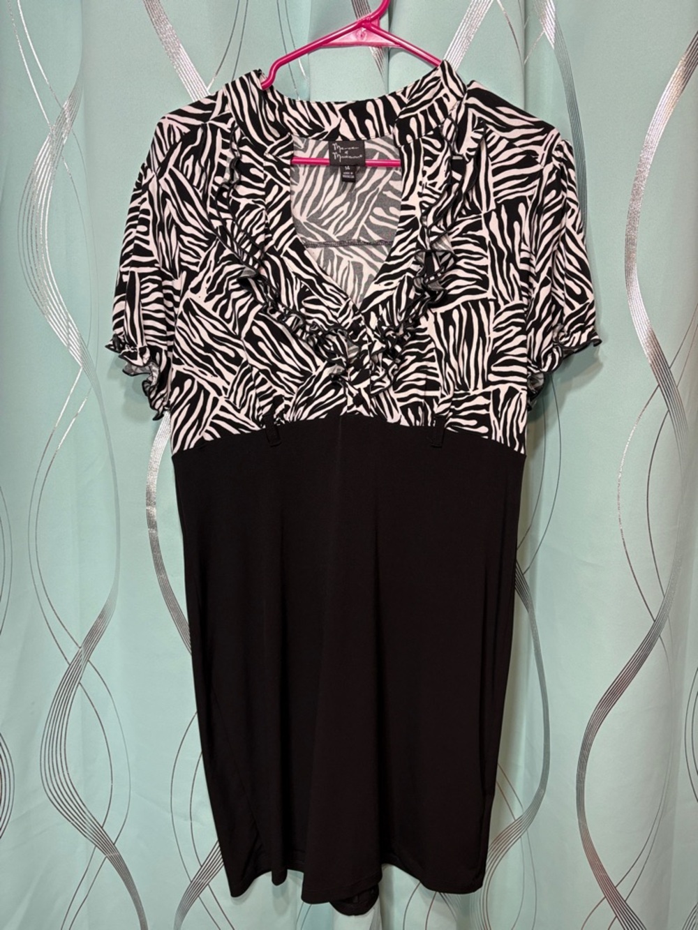 mercer & madison Black and White Zebra Ruffle V-Neck Dress